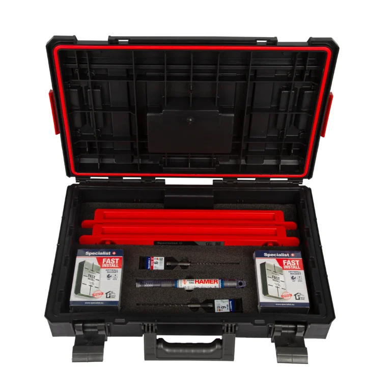 Innovatív gipszkartonszerelő szerszámok szett kofferrel (Fast Install, 50 cm CD távtartó, acél ék beütő adapter)